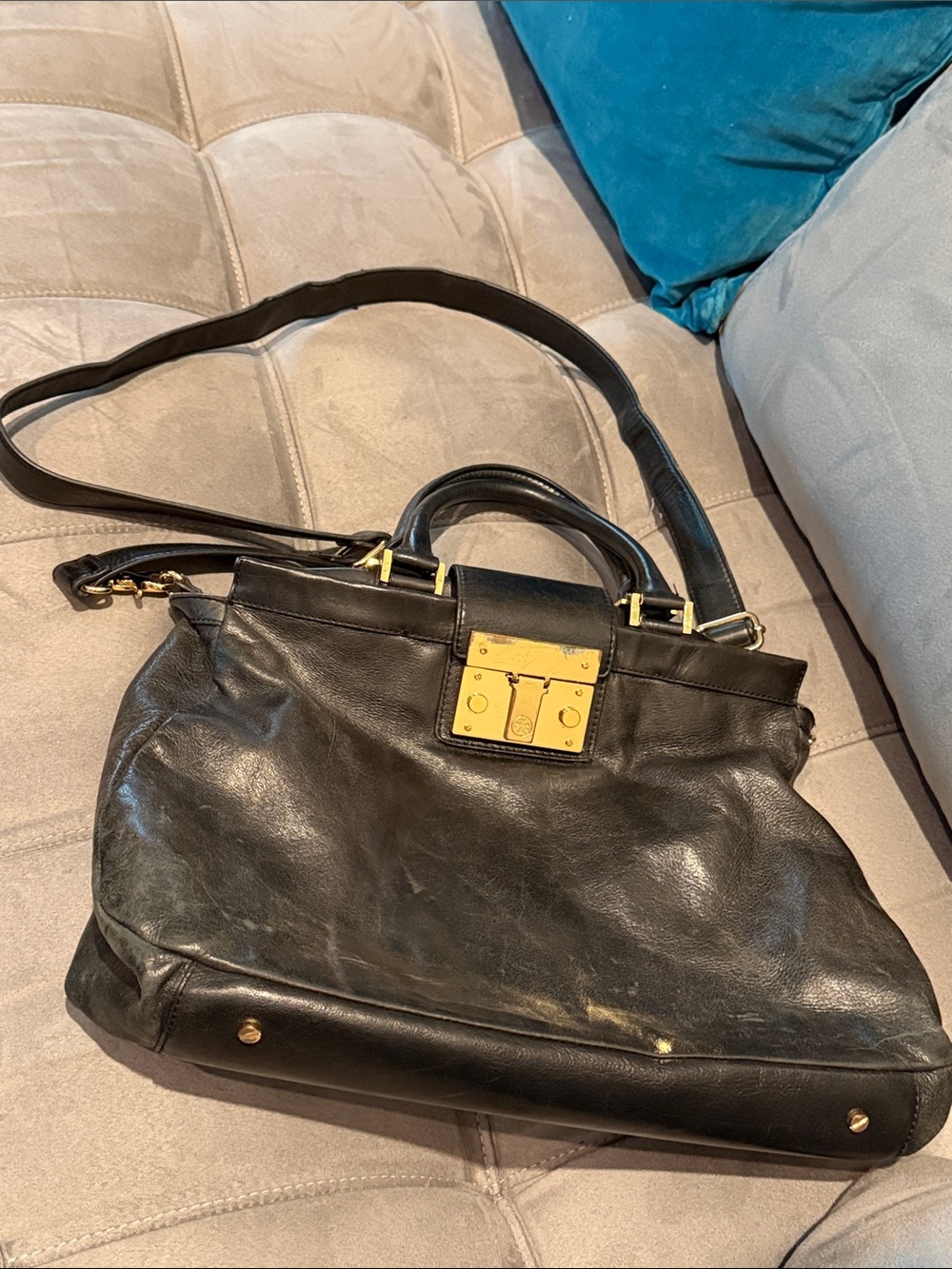 Tory Burch Black Leather Shoulder Bag with Gold Hardware Lock